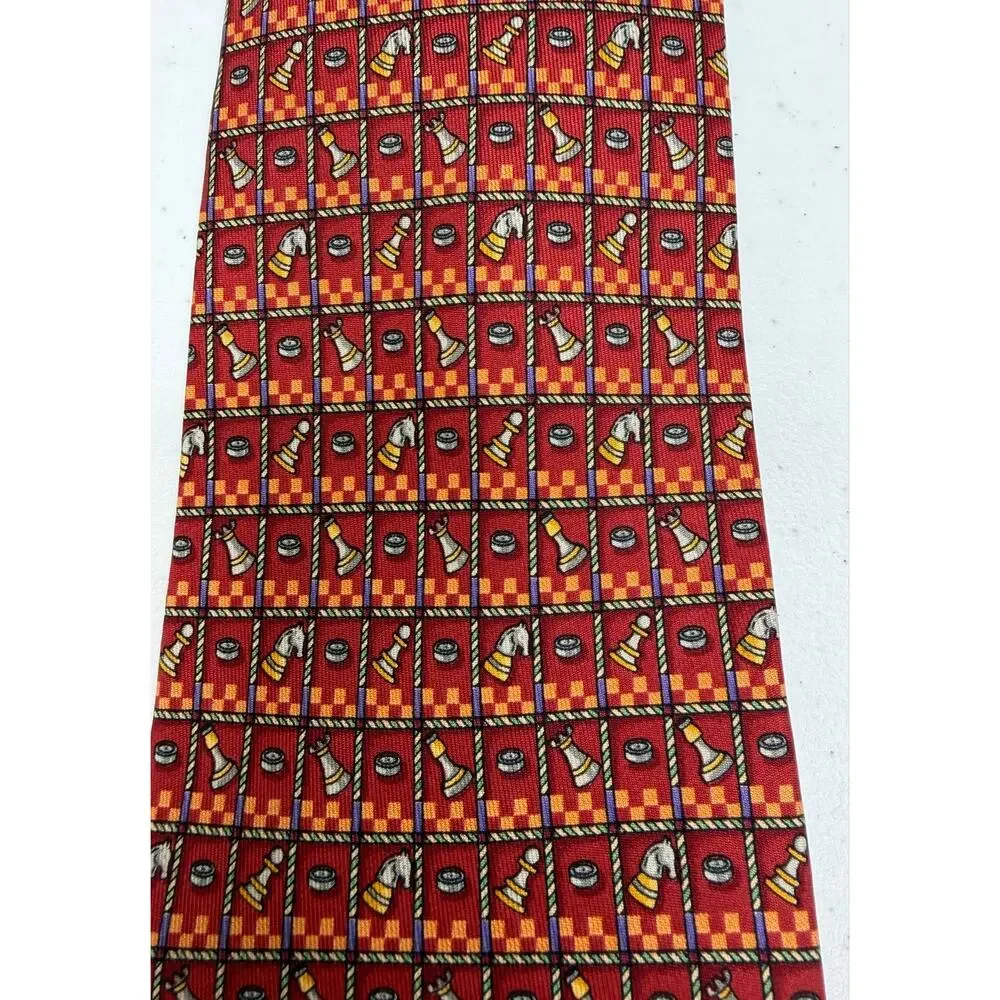 Salvatore Ferragamo Chess Piece Print 100% Silk Necktie Made in Italy Designer